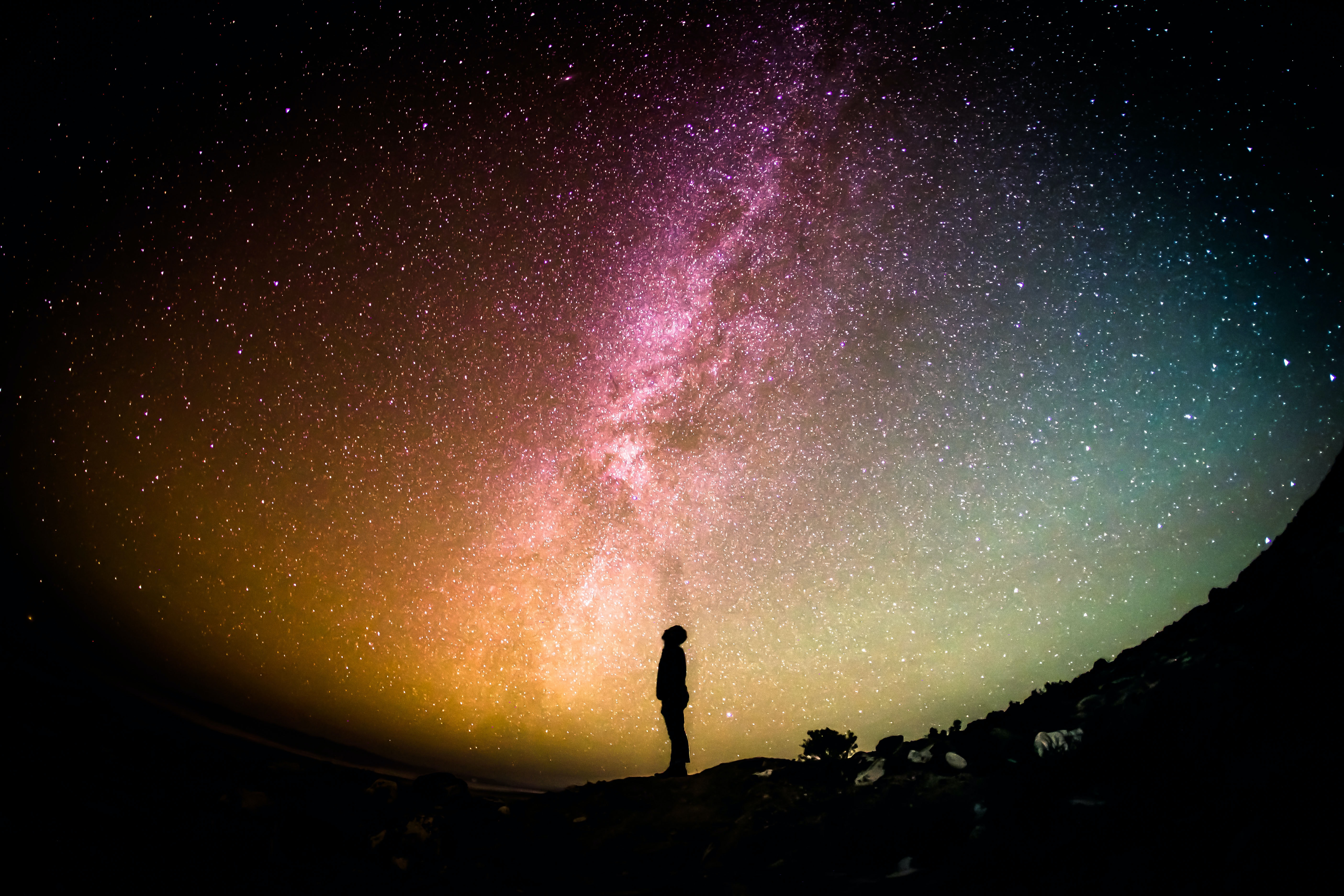 A person looking up at the night sky with the milky way above them.