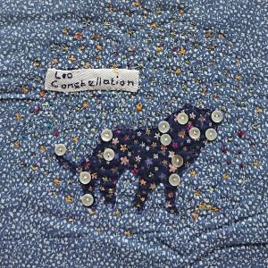 The constellation of leo marked out in sequins sewn on top of the outline of a lion. 