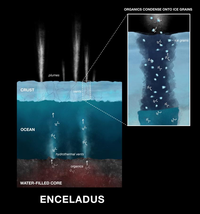 Enceladus Organics on Grains of Ice (Illustration)