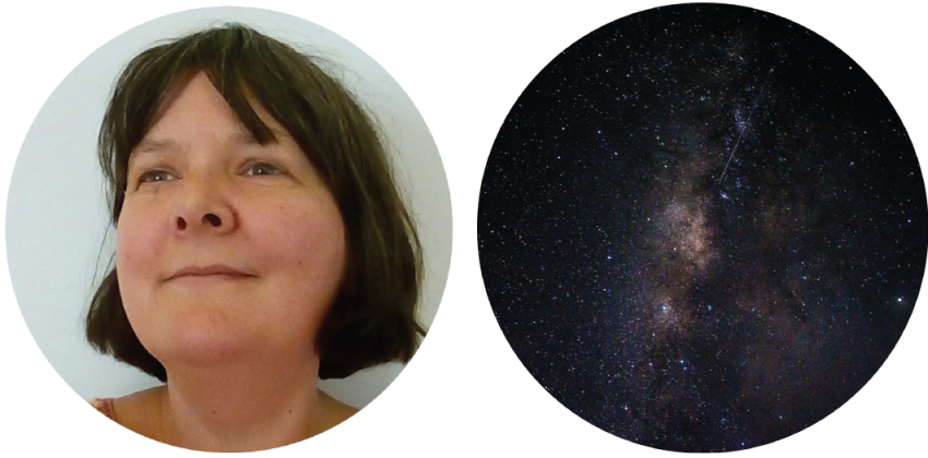 Image of woman smiling and looking slightly upwards and the milky way. 