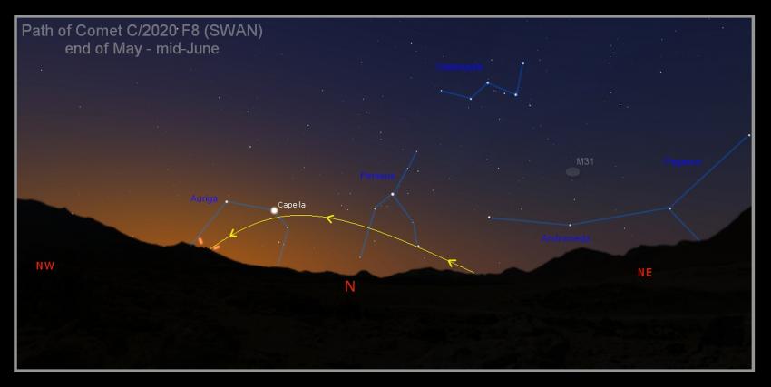 Finder chart for comet SWAN in the evening sky from May to mid-June 2020