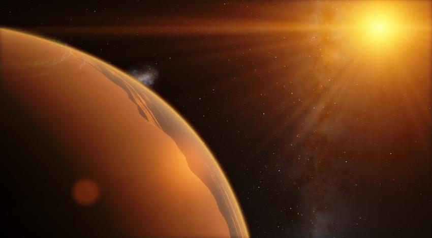 Artist's impression of an exoplanet with its sun in the background