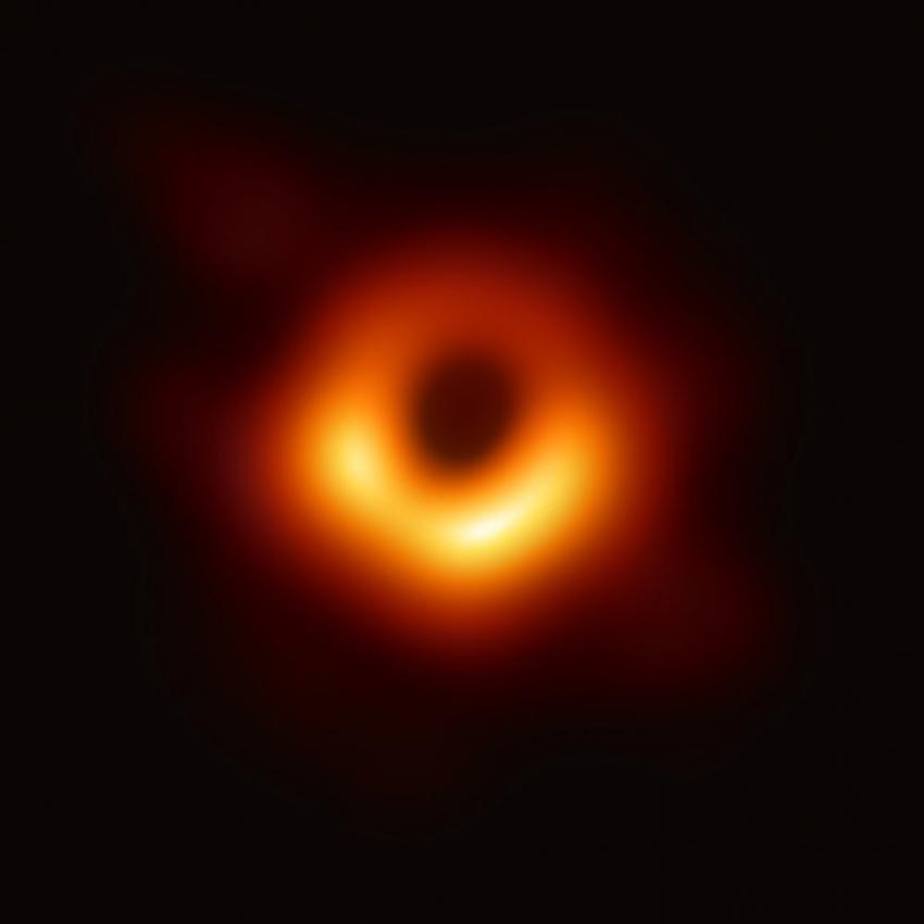 The supermassive black hole at the core of supergiant elliptical galaxy Messier 87, with a mass about 7 billion times that of the Sun,[15] as depicted in the first image released by the Event Horizon Telescope (10 April 2019)