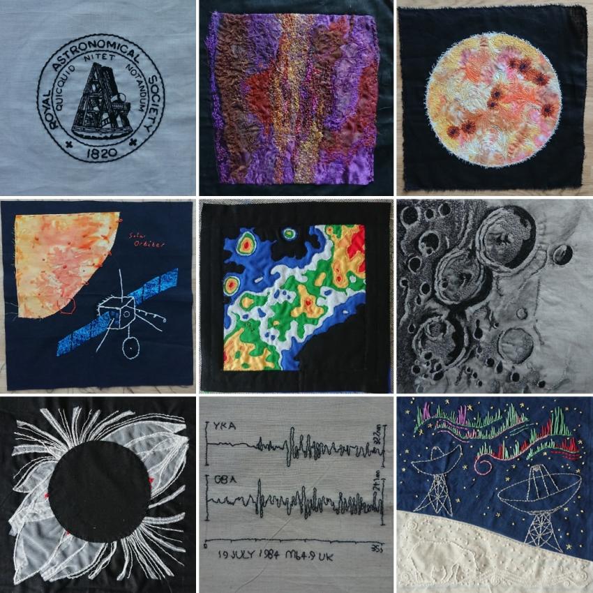 Patchwork squares with astronomical and geophysical themes.
