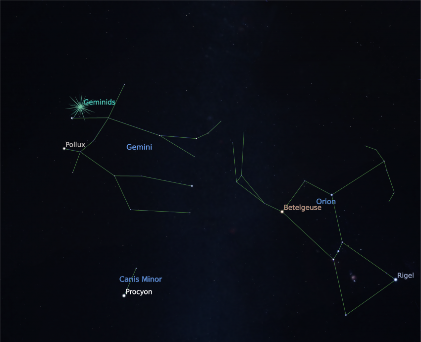Diagram showing the position Geminid meteor shower radiant at 2230 GMT on 13 December.