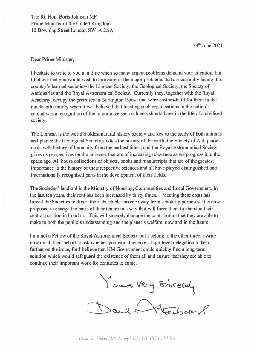 Letter from Sir David Attenborough to Prime Minister Boris Johnson re: Burlington House