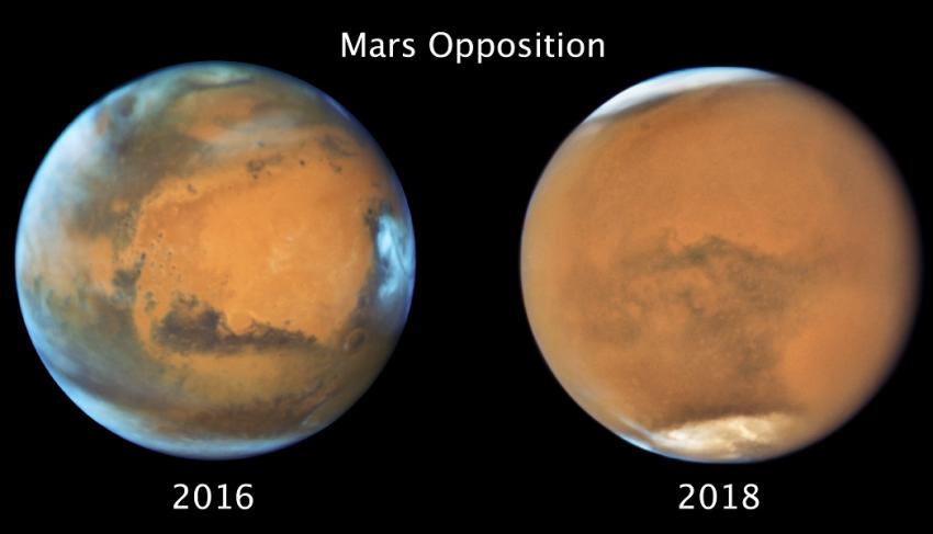 Side-by-side images of the planet Mars