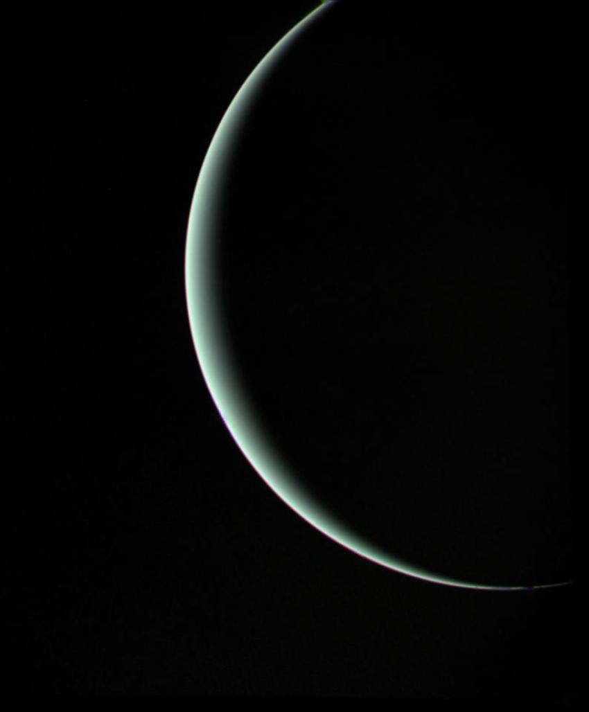 The final image of Uranus taken by the Voyager 2 space probe on 25 January 1986. The spacecraft was about 1 million kilometres from the planet at the time.
