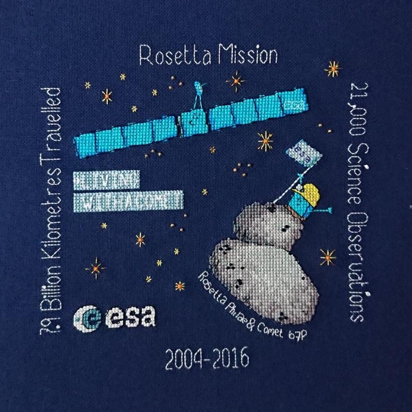 Embroidered version of details taken from the European Space Agency's Rosetta Mission to study comet 67P - particularly the spacecraft and the Philae lander