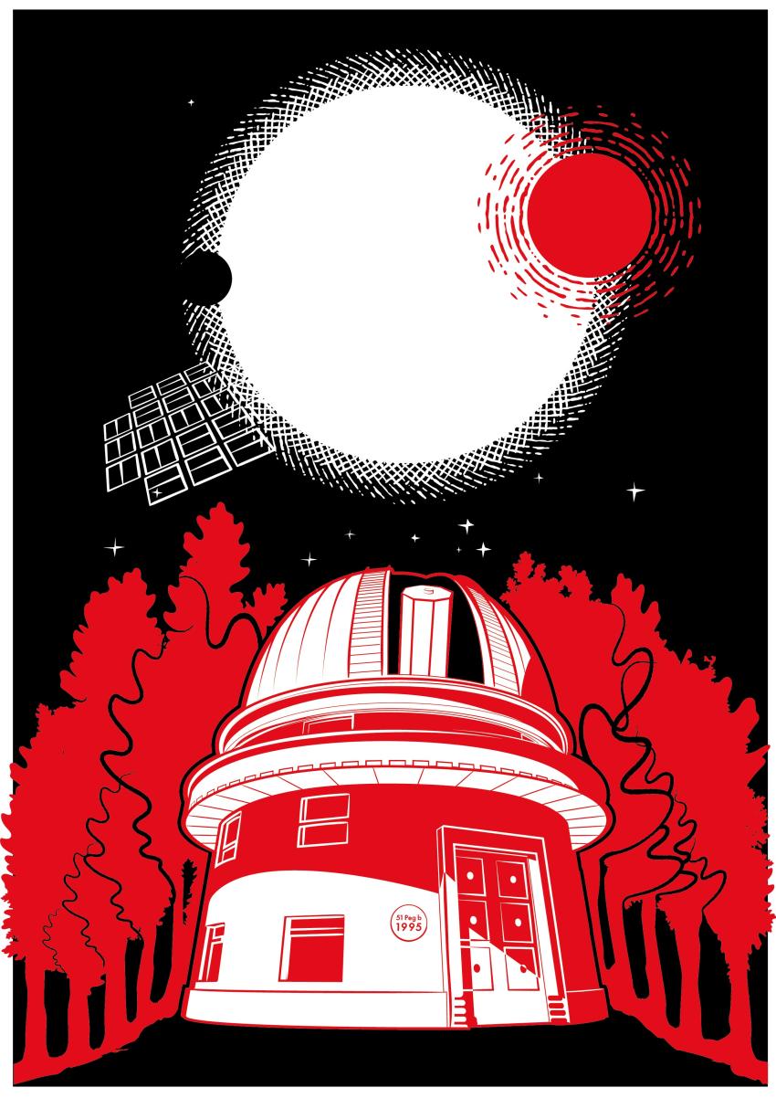 Illustration of a observatory, and circumbinary star system, all in black, white and red hues.