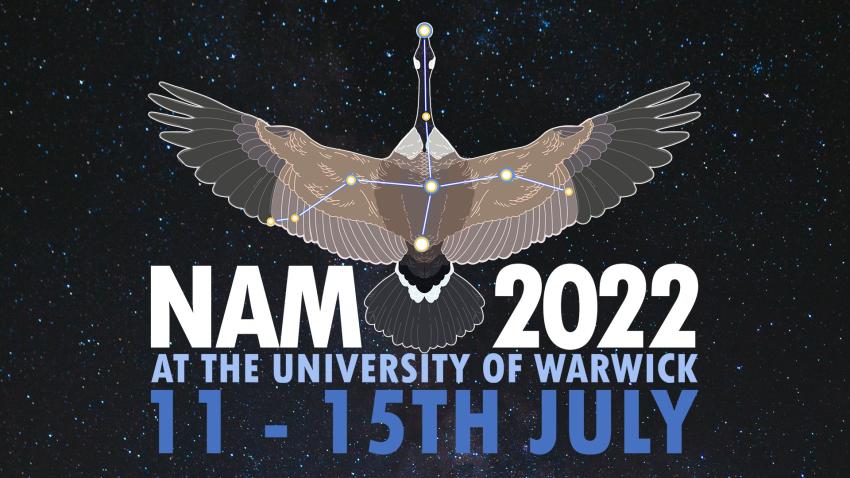 The NAM 2022 logo overlaid on an image of the Milky Way. Text reads "NAM 2022 at the University of Warwick. 11th - 15th July."