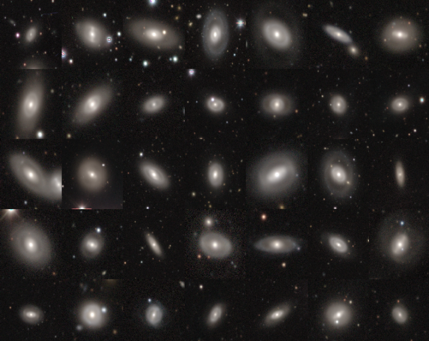 Image shows a grid of 35 different galaxies in ring like shapes, in faint blue colours.