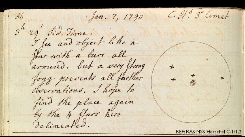 Caroline Herschel's observation notebook, showing her third discovery of a comet on 7 January 1790