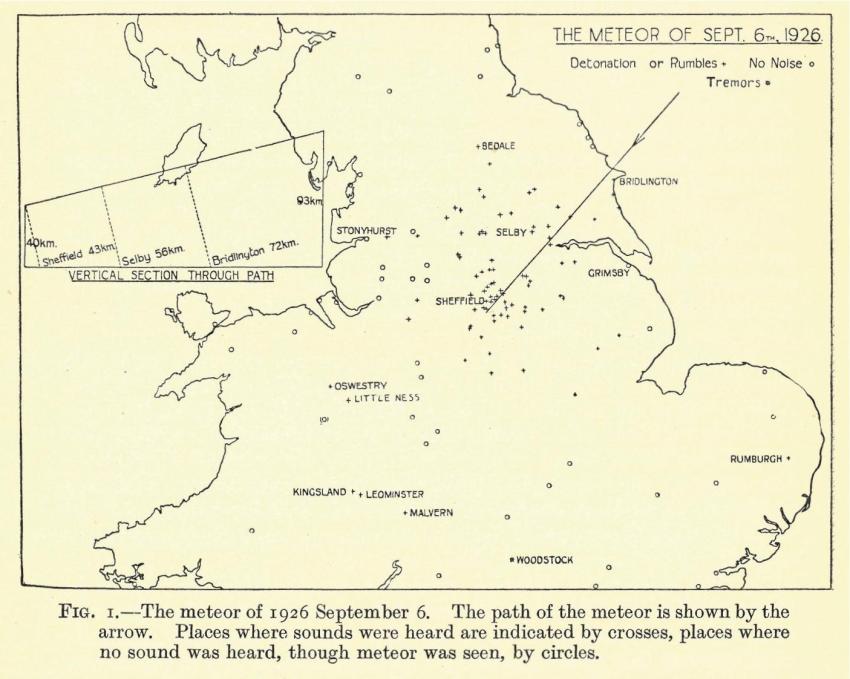 A very basic map of central England showing the meteor path with various towns and villages marked. A line from the top right corner to the centre of the paper depicts the path of the meteor.