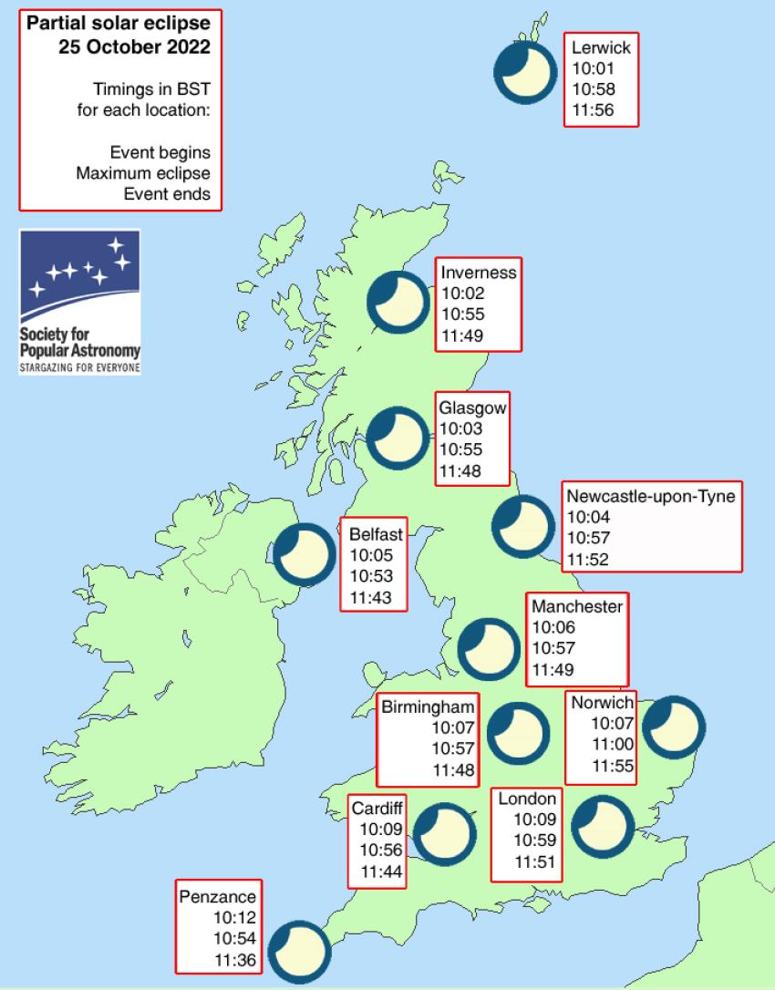 A map of the UK showing the different eclipse timings in different regions. Each region of the UK is overlaid with a white box with black text inside showing the timings of the eclipse.