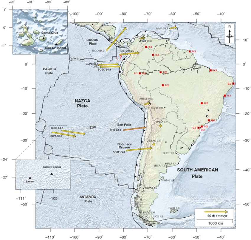 A map of South America overlaid with black lines depicting the tectonic plate boundaries of the Nazca, South American and Antarctic plates.