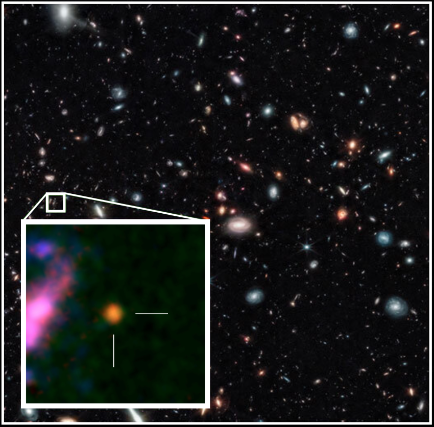 An image of several distant galaxies in space. They appear as small different coloured circles and ovals. An image of the galaxy GHZ2/GLASS-z12 is overlaid on the image. It appears orange in colour and is circular in shape.