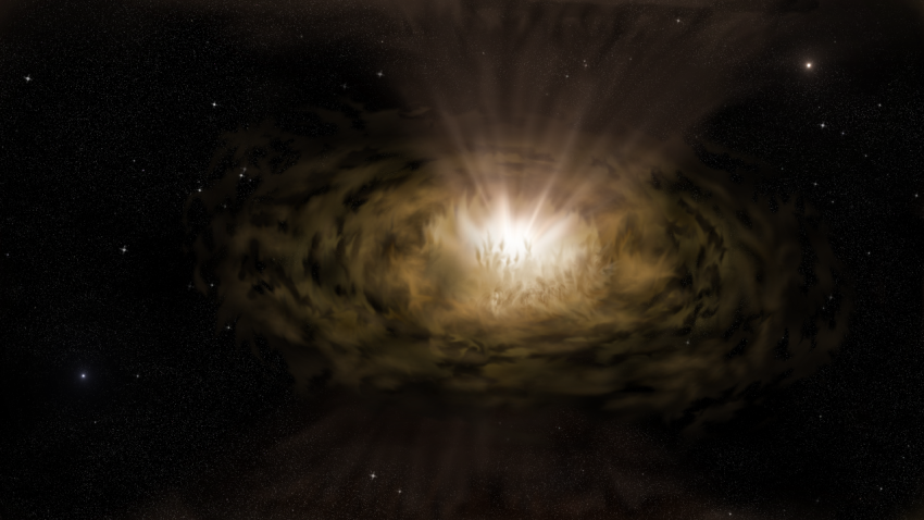 An artist's impression of an AGN obscured by dust - it appears as a gold and yellow source of light obscured by dust and cloud.