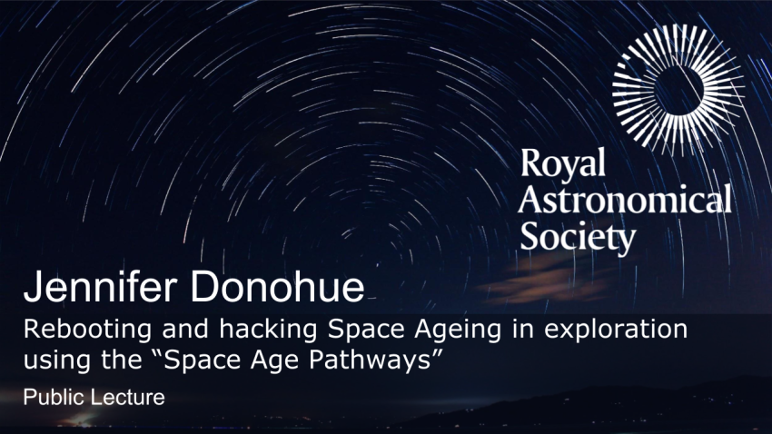 A background image of circumpolar stars with the RAS logo in the upper right and the title of the next Public Talk. 