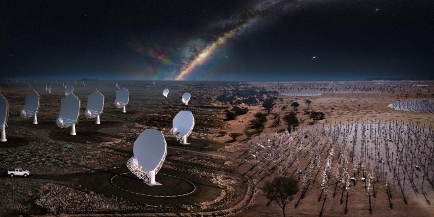 Image showing an array of radio telescopes against the backdrop of the Milky Way.