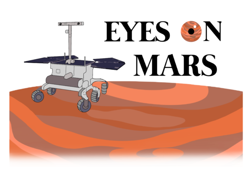 A cartoon illustration of ExoMars on Mars