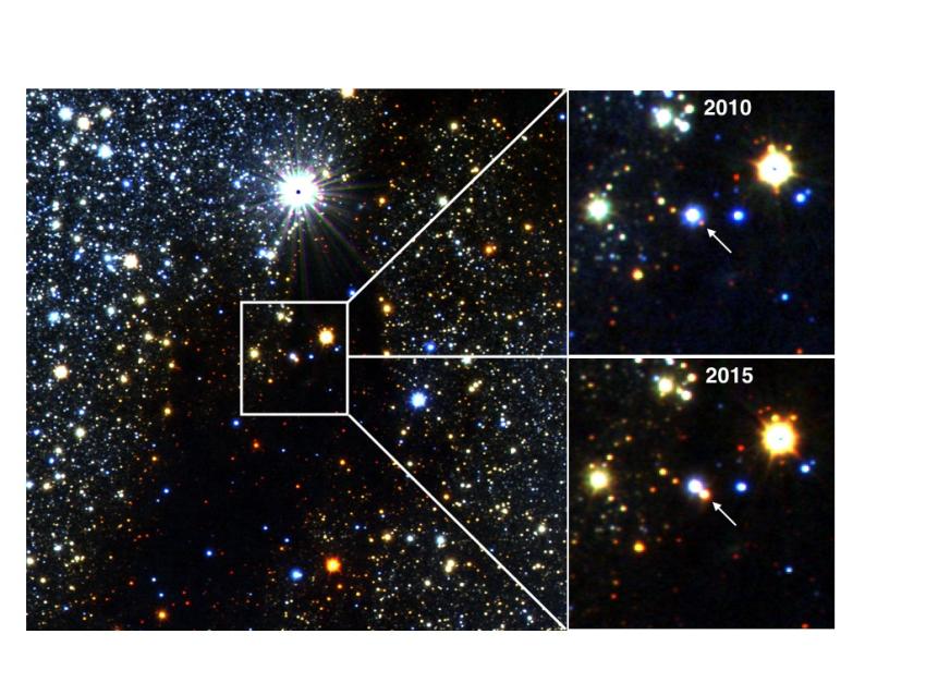 Buried deep inside the dark cloud of gas and dust that fills the picture, this star gradually brightened 40-fold over the course of 2 years and has remained bright since 2015.