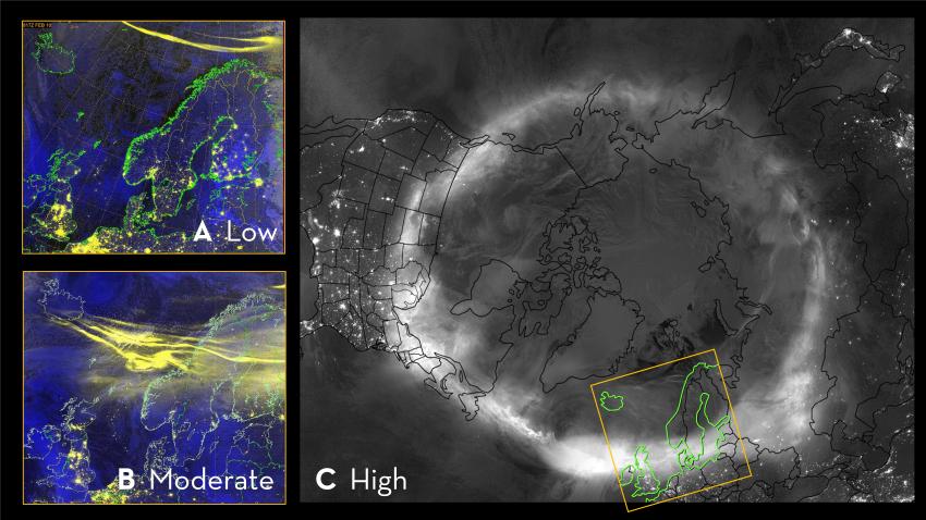 A comparison of the aurora during quiet, moderate and high disturbance levels. 