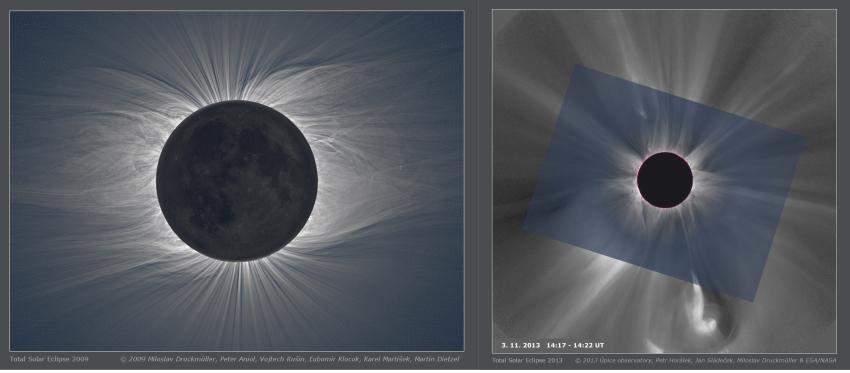 Images of solar eclipses showing solar wind from the corona in 2009 and 2013. 