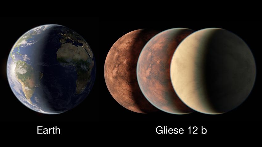 This artist’s concept compares Earth with different possible Gliese 12 b interpretations.