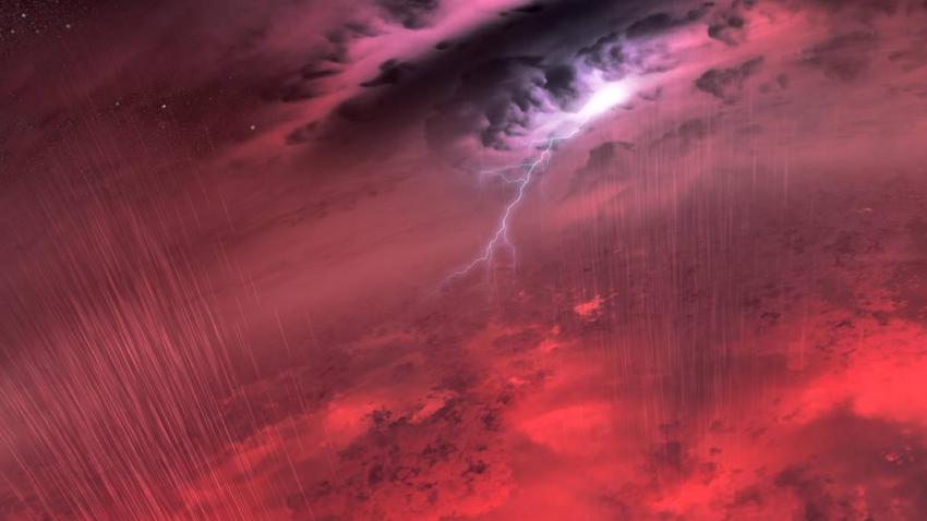 An artist’s impression of the stormy weather on a brown dwarf planet. 