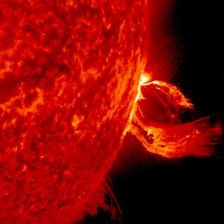A coronal mass ejection is seen erupted from the Sun in June 2015.