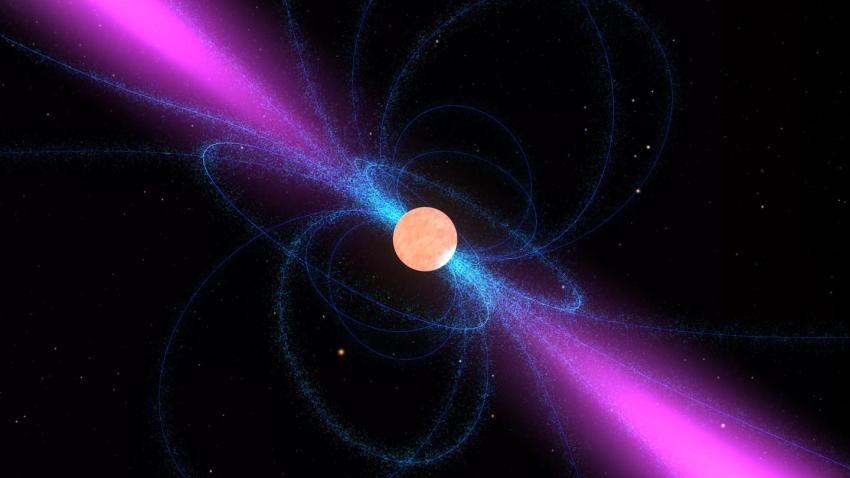 This image shows an artist's impression of a neutron star, surrounded by its strong magnetic field (blue).