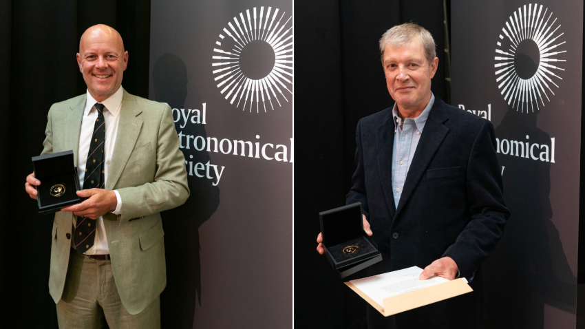 Professor Gilles Chabrier (left) and Professor John-Michael Kendall (right) pick up their Royal Astronomical Society Gold Medals.