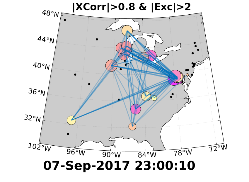 A snapshot of the geomagnetically induced current (GIC) network during an intense solar storm in September 2017.
