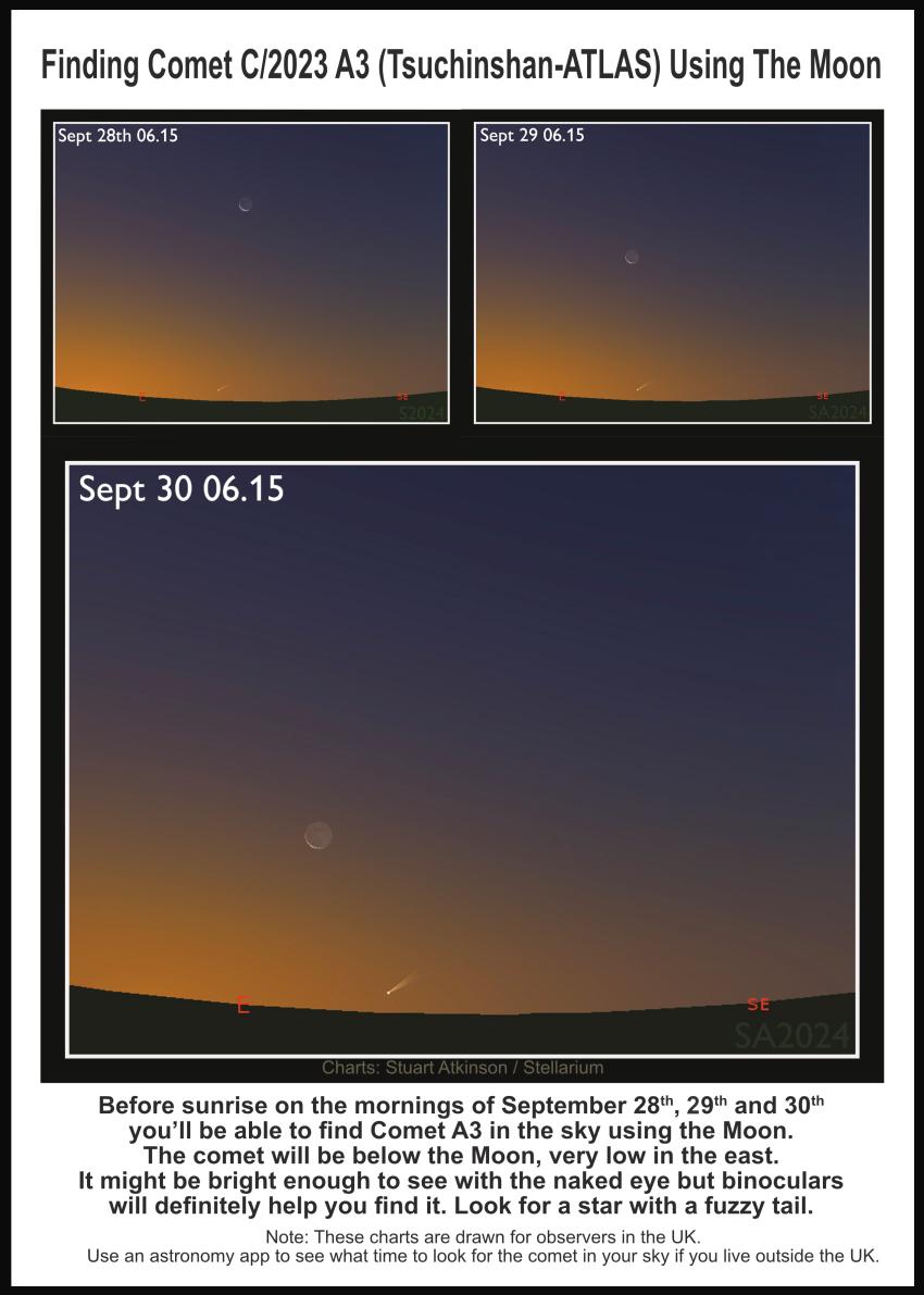 Finder Charts giving stargazers a guide as to how to spot Comet A3 over the next few days.