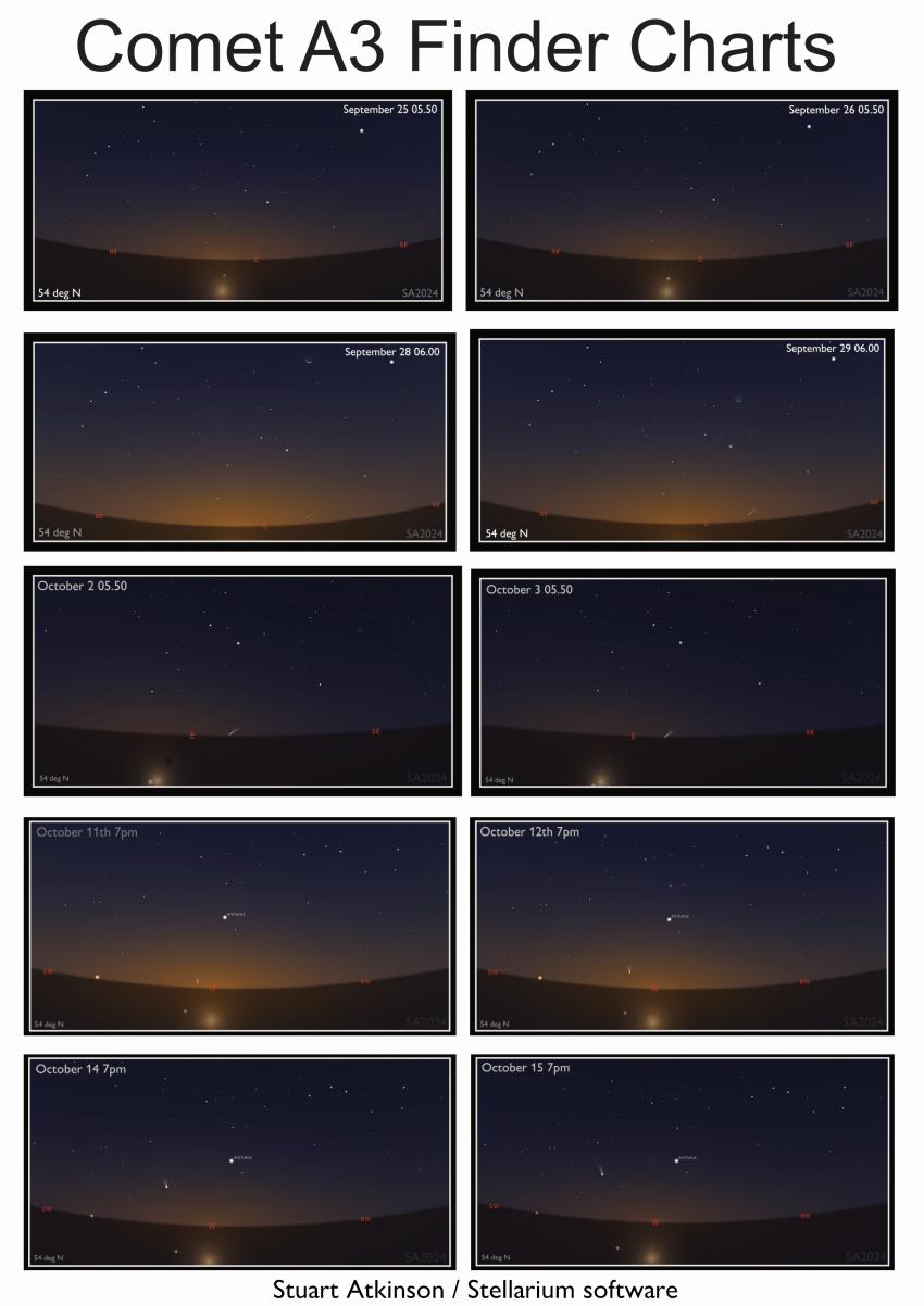 These Finder Charts are designed to help stargazers find Comet A3 between now and the middle of October.