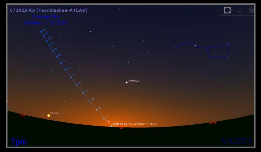 This Finder Chart shows where in the night sky Comet A3 will be between 1 October and 25 October.