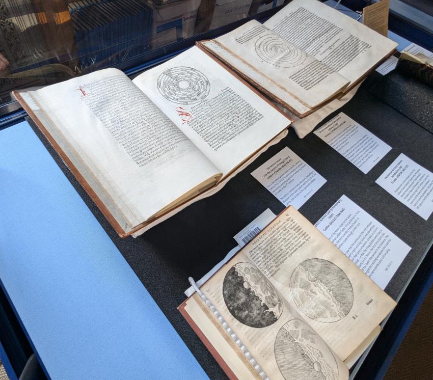 Galileo's first telescope observations of the Moon were on display in a 1653 edition of Sidereus nuncius ("Starry Messenger"), as well as a second edition of Copernicus's De revolutionibus.