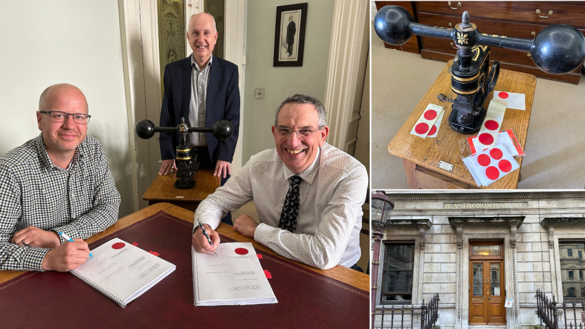 Pictured left, RAS President Mike Lockwood (right) and Geophysics Secretary James Hammond (left) put their signatures to a series of legal documents to complete the handover of Burlington House (bottom right) from the Government to the RAS and its fellow Learned Societies following the agreement of a 999-year lease. RAS Executive Director Philip Diamond is pictured inset with the 19th Century seal press used to stamp the documents (also top right).