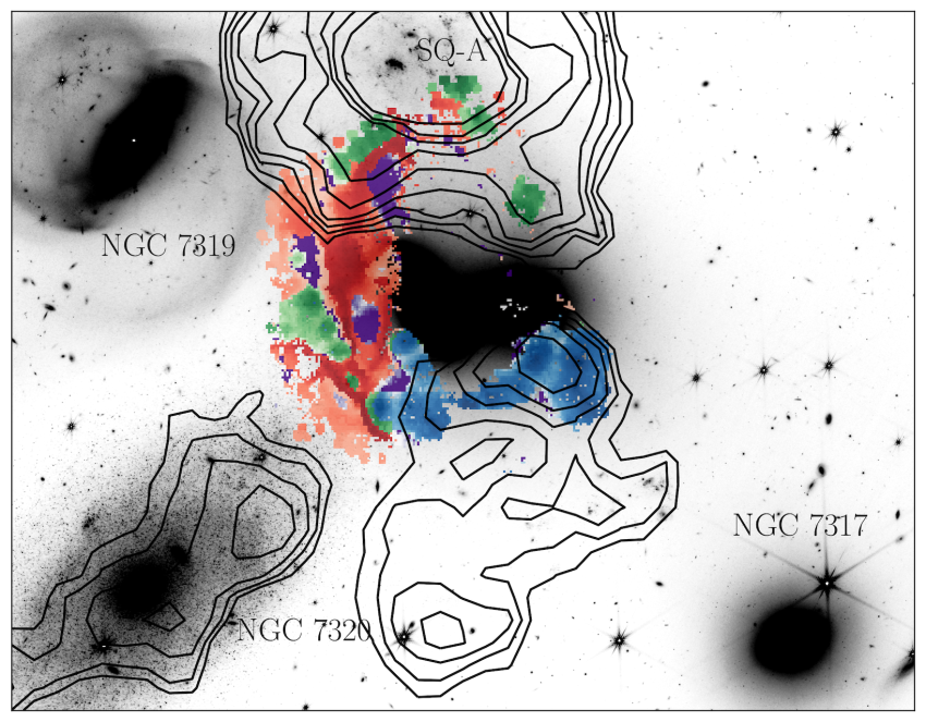 WEAVE decomposition of gas in Stephan's Quintet, overlaid on a JWST image. 