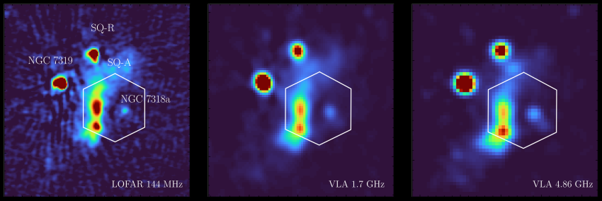 Radio observations of Stephan’s Quintet at different frequencies, taken by the Low Frequency Array (LOFAR) and the Very Large Array (VLA).