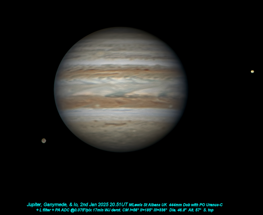  Jupiter, along with two of its moons Io and Ganymede, are visible in this image taken at the start of January.