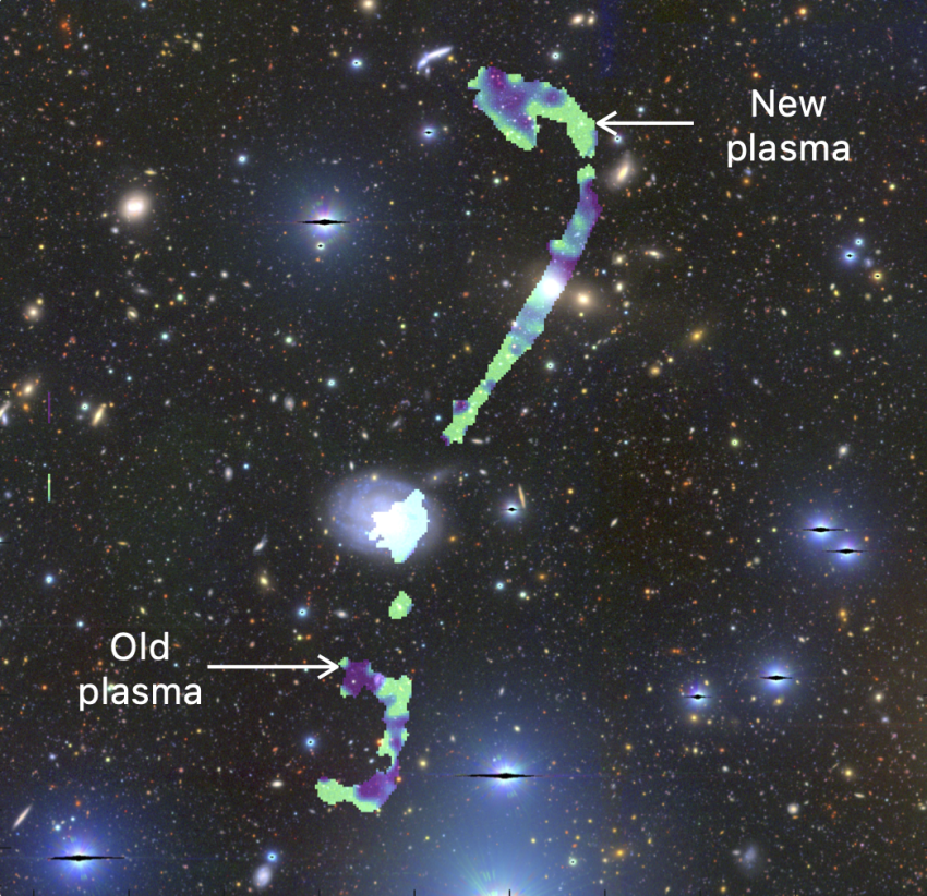 A spectral age map of ‘Inkathazo’. Cyan and green show younger plasma, while purple indicates older plasma.