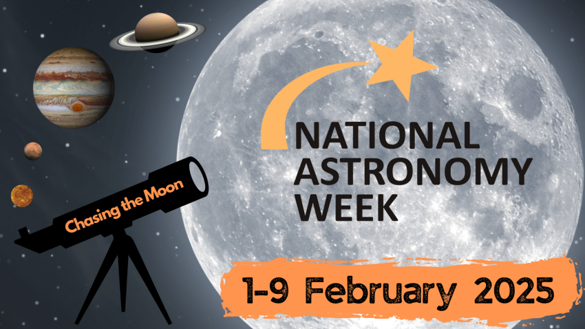 Graphic for National Astronomy Week, including the text '1-9 February 2025. Chasing the Moon' on a background of the Moon with the planets Venus, Mars, Jupiter and Saturn next to it.