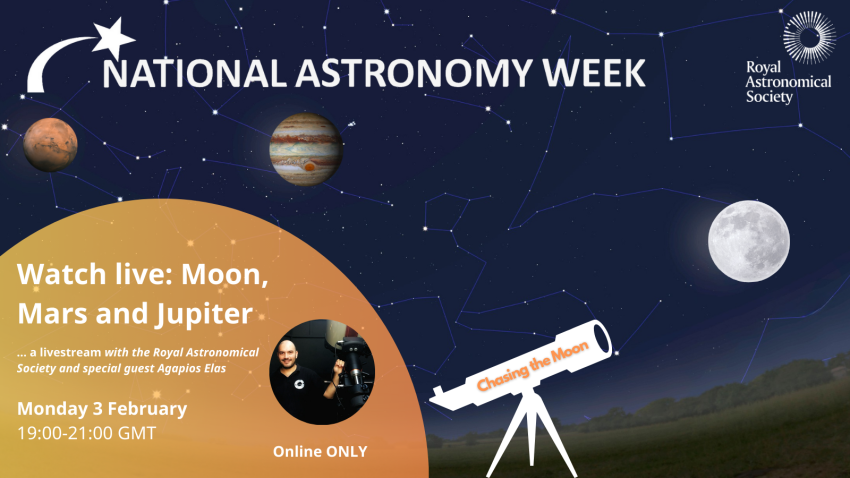 Graphic promoting the Royal Astronomical Society's livestream for National Astronomy Week, with the Moon, Jupiter and Mars in the night sky and a telescope pointing up at them.