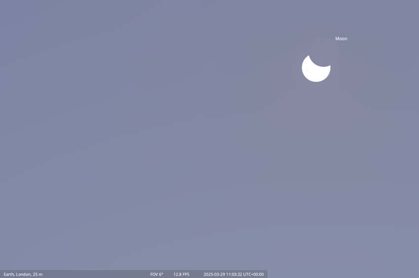 An example of what the solar eclipse will look like at its peak shortly after 11am GMT, when around a third of the Sun’s light is covered up by the Moon.