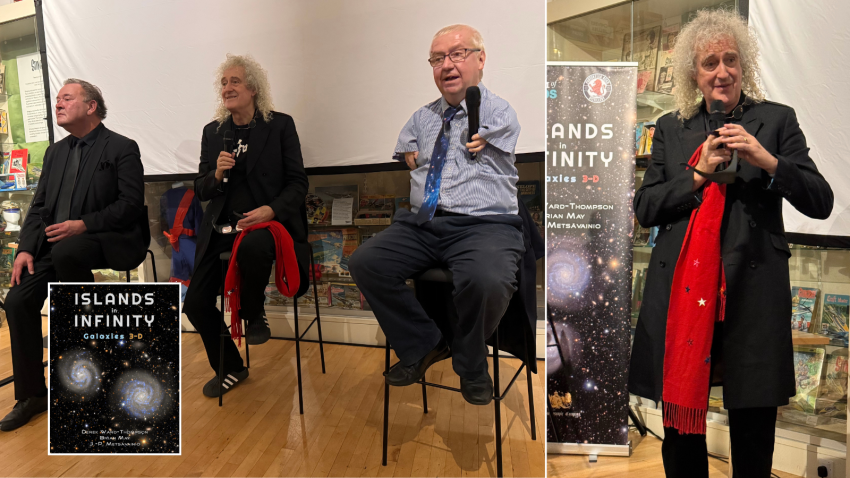 Sir Brian May (right) is joined by RAS Council member Professor Derek Ward-Thompson and J-P Metsavainio for the launch of their new book Islands in Infinity: Galaxies 3-D.