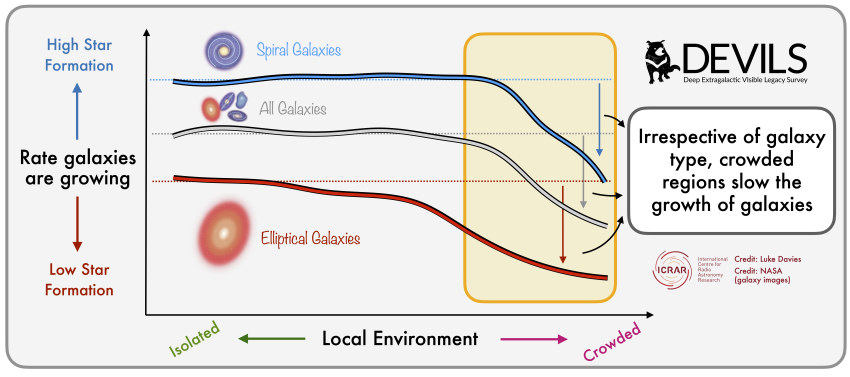The rate at which galaxies are growing is slower in crowded environments.