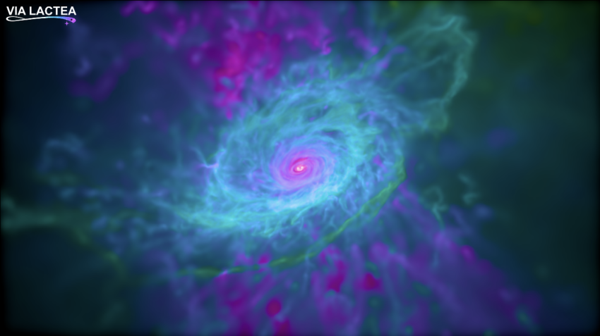 This image shows the gas disc in a computer simulation of a Milky Way-like galaxy from the Auriga suite.