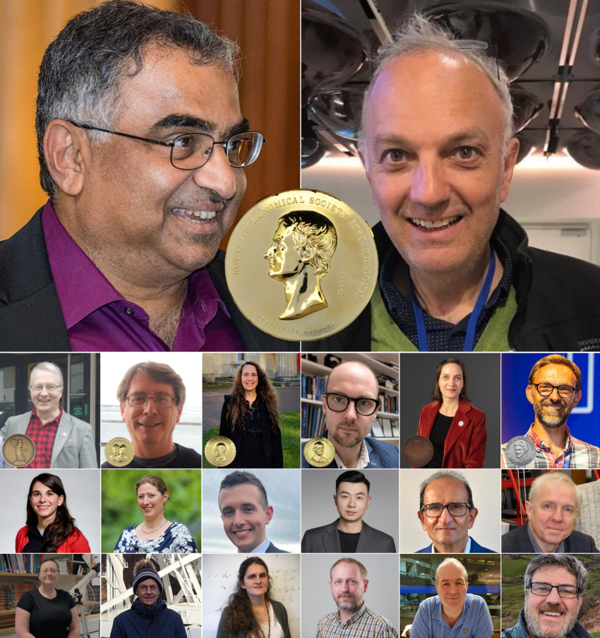The Royal Astronomical Society's 2026 award winners include Professor Shrinivas Kulkarni (top left), of California Institute of Technology, and Professor Andrew Jackson, of ETH Zürich (top right), who have each been awarded the Society's Gold Medal (inset top). Other winners include, from left by row, Jackson-Gwilt Medal winner Professor Alistair Glasse, Eddington Medal winner Professor Debora Šijački, Chapman Medal winner Professor Mathew Owens, Herschel Medal winner Professor Andrew Bunker, Agnes Mary Cle